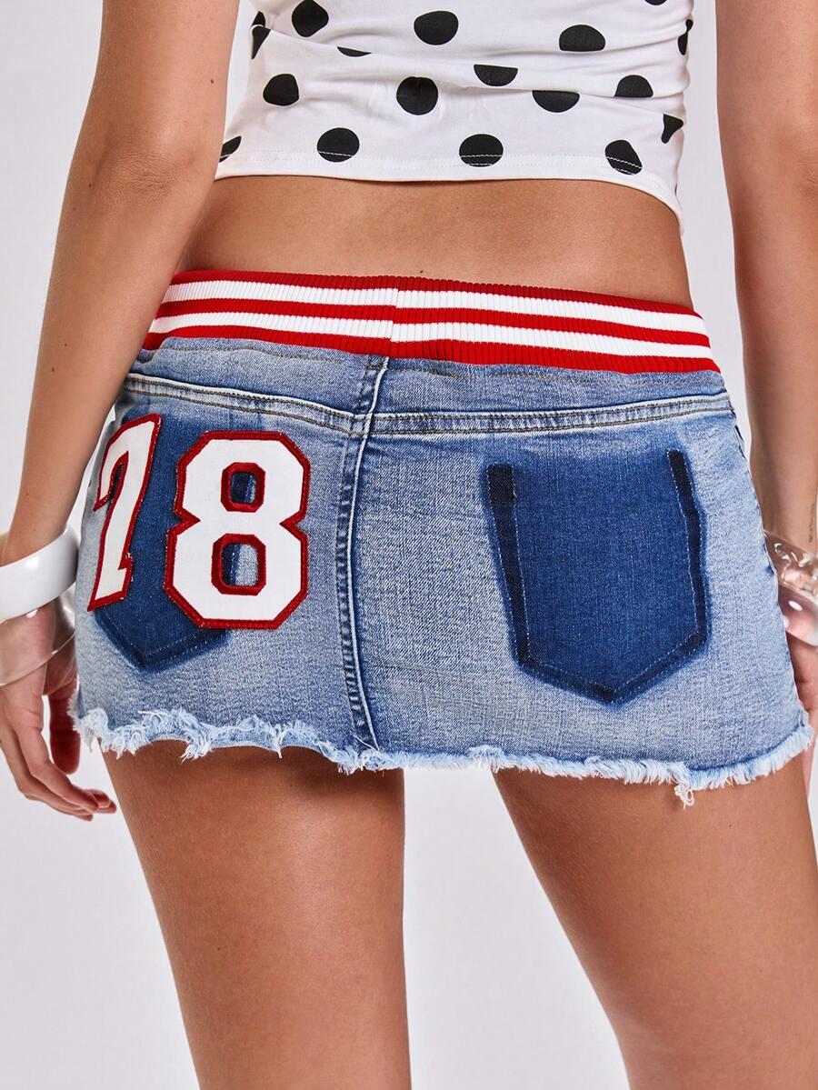 sporty denim mini skirt with contrast waistband