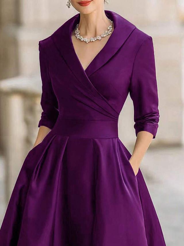 elegant purple v-neck waist-cinched long sleeve dress