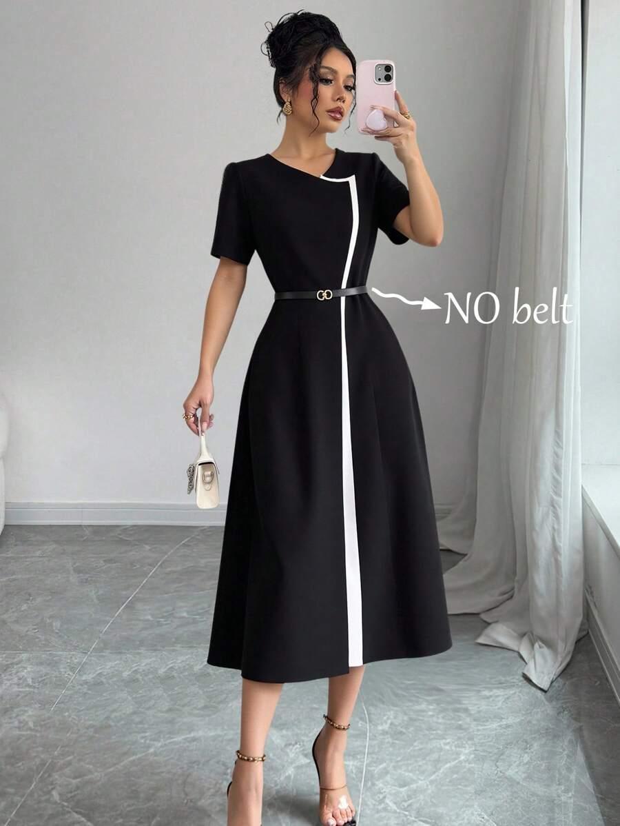 contrast color round neck short sleeve commute dress