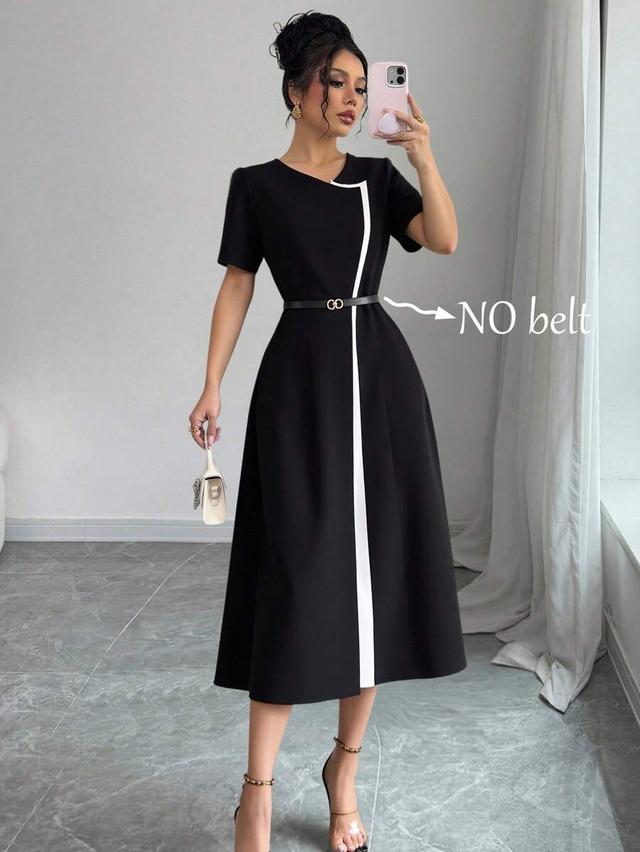 contrast color round neck short sleeve commute dress