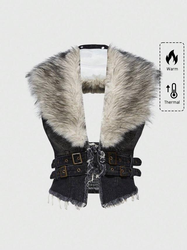 denim y2k vest with detachable faux fur collar