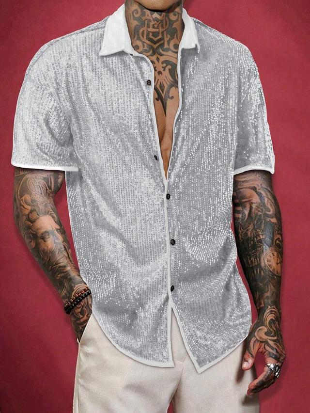 men's silver metallic sequin short sleeve button-up shirt