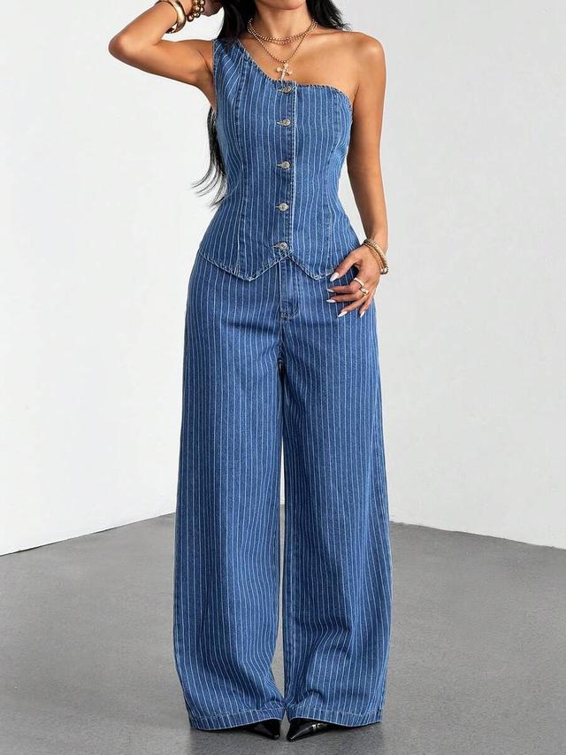 minimalist casual denim striped asymmetrical shoulder 2-piece set