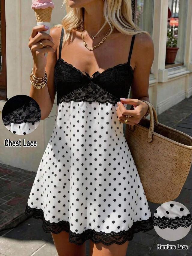 selianne polka dot lace patchwork spaghetti strap mini dress