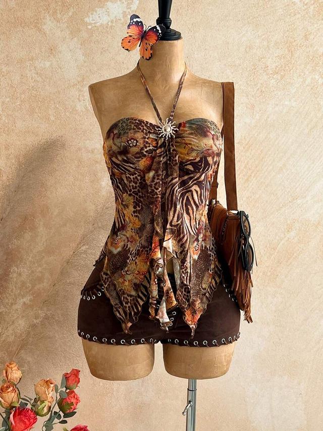 brown animal print floral asymmetrical halter neck blouse