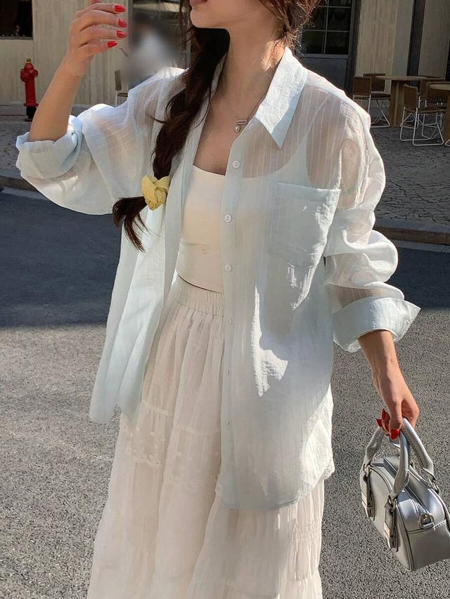 light blue striped sheer loose summer blouse