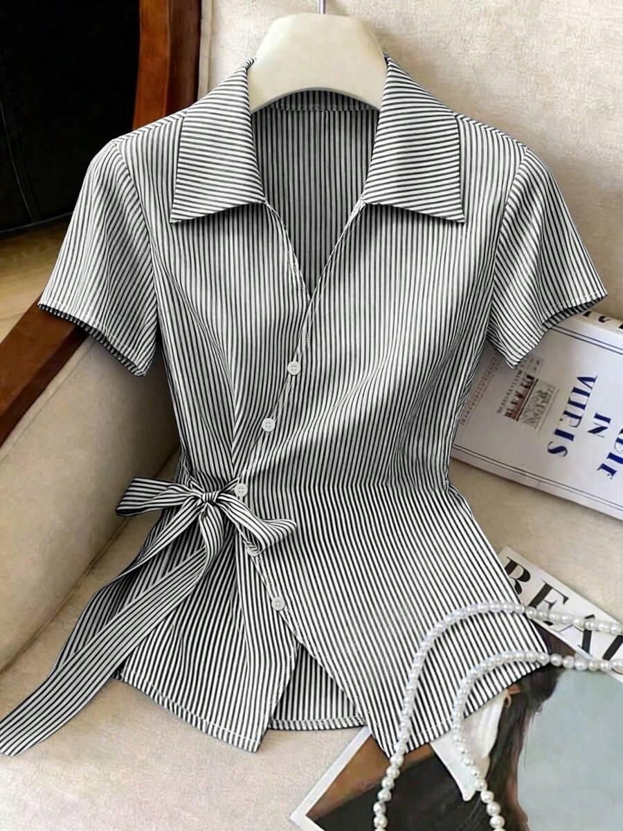 striped asymmetrical tie-waist short sleeve blouse