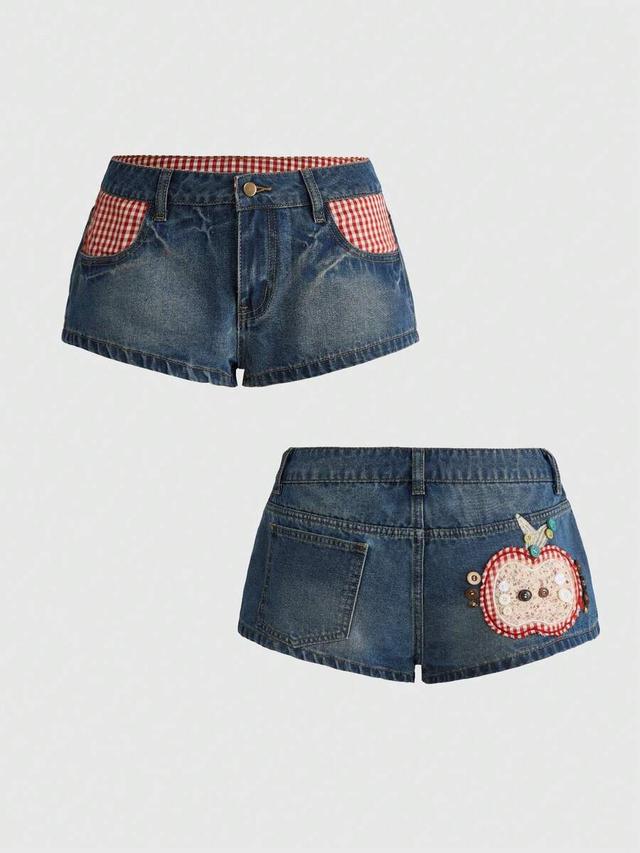 denim shorts with apple applique and button detailing