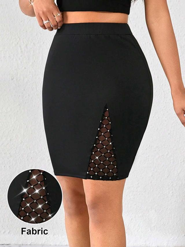 rhinestone mesh patchwork fitted black mini skirt