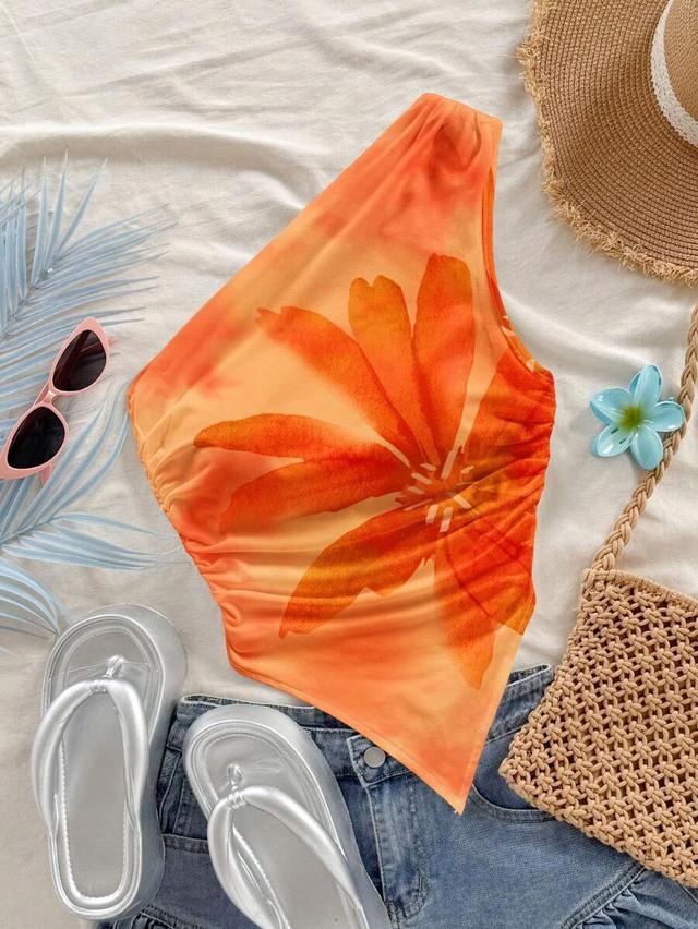orange floral print ruched asymmetrical camisole