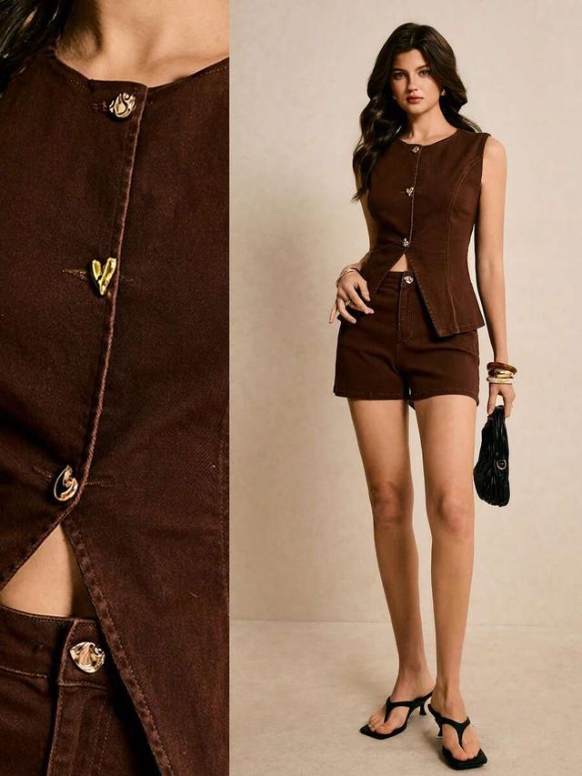 chocolate brown denim vest and matching trousers set