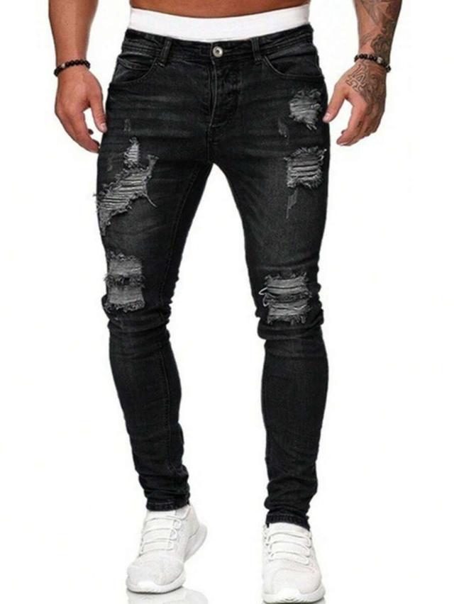 men's distressed stretch skinny jeans in black denim