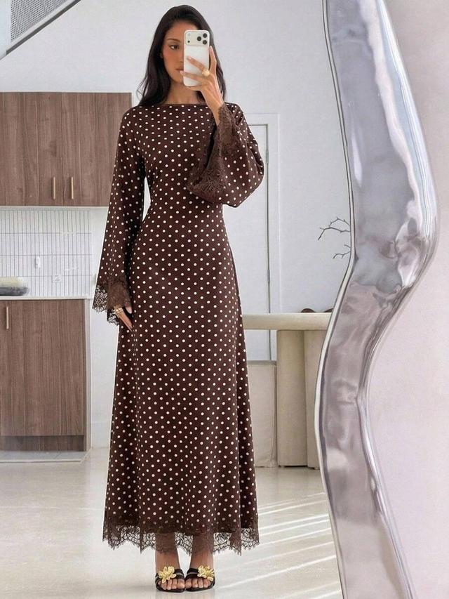 brown polka dot satin dress with lace trim
