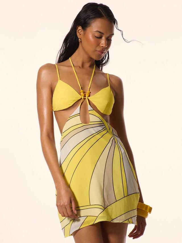 musera strappy beaded halterneck cut out printed mini dress