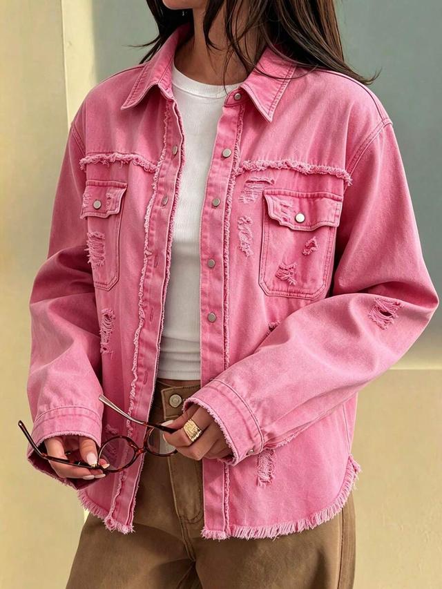 women's pink distressed denim long-sleeved cardigan jacket