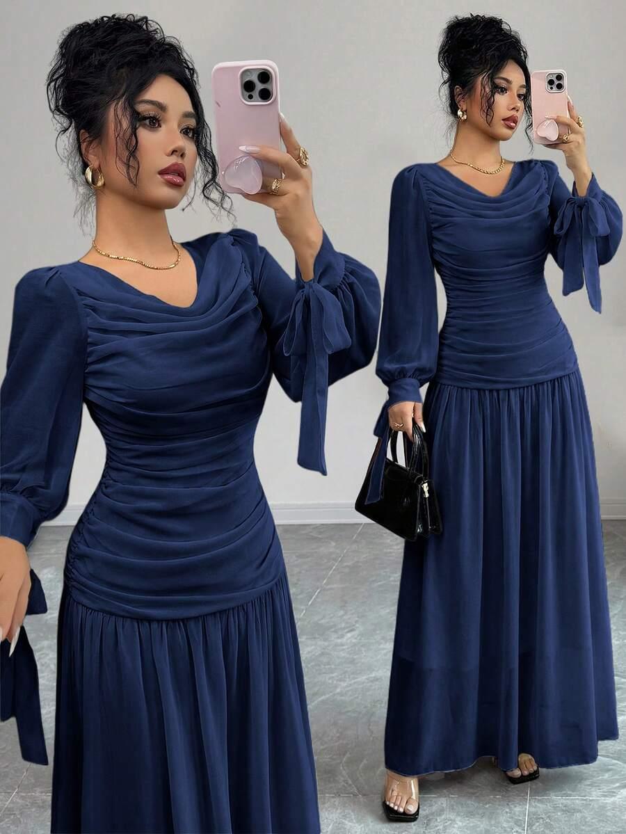 elegant navy blue chiffon midi dress with ruched waist