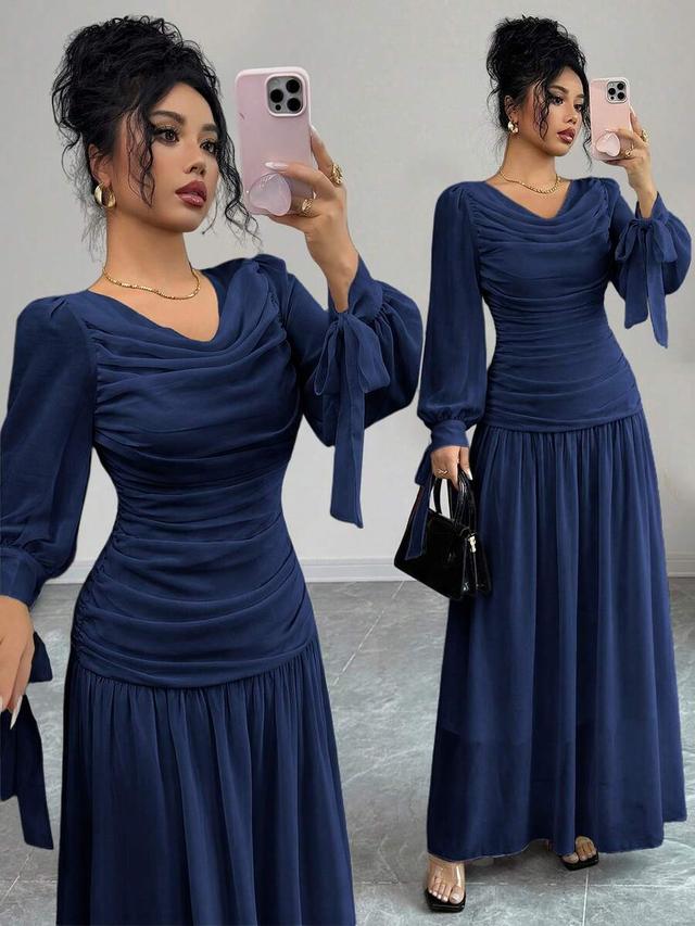 elegant navy blue chiffon midi dress with ruched waist