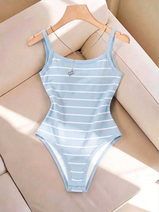 blue and white striped slim-fit spaghetti strap bodysuit