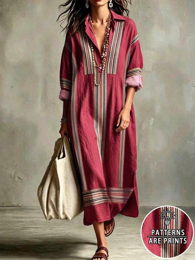 burgundy striped faux linen shirt dress