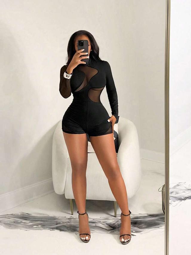 black long sleeve mesh patchwork romper