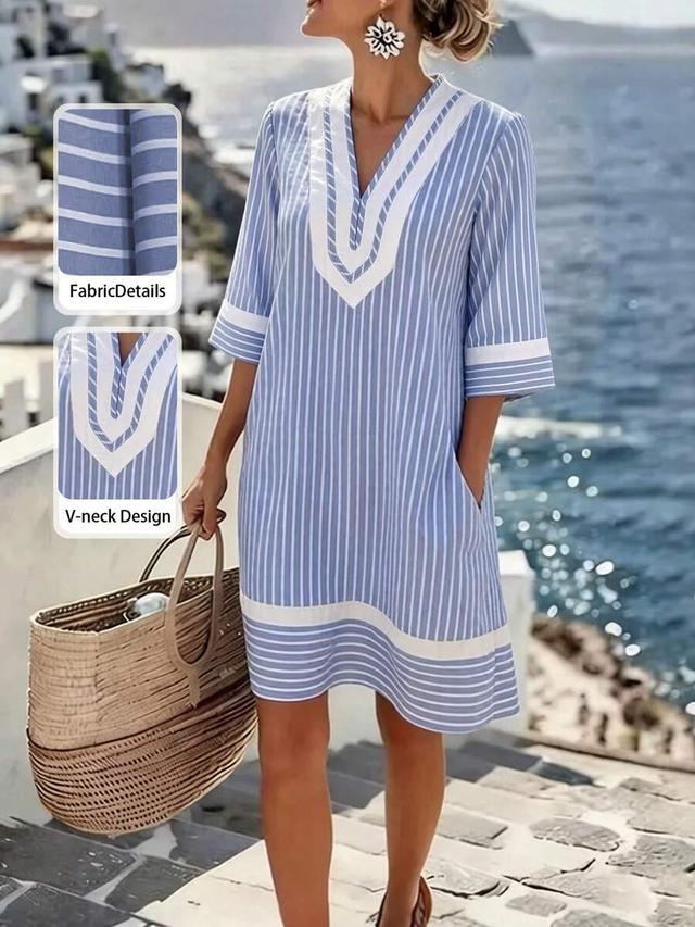 blue and white striped cotton shift dress