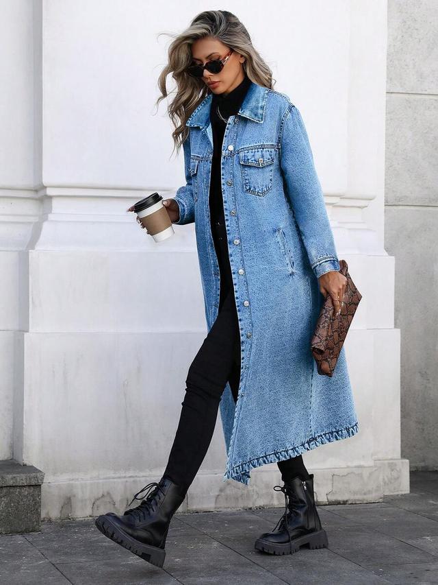 long denim trench coat with front button closure