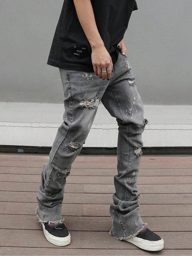 men's grey distressed frayed denim stack jeans