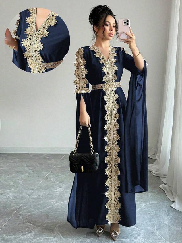 navy blue patchwork abaya robe with gold lace trim