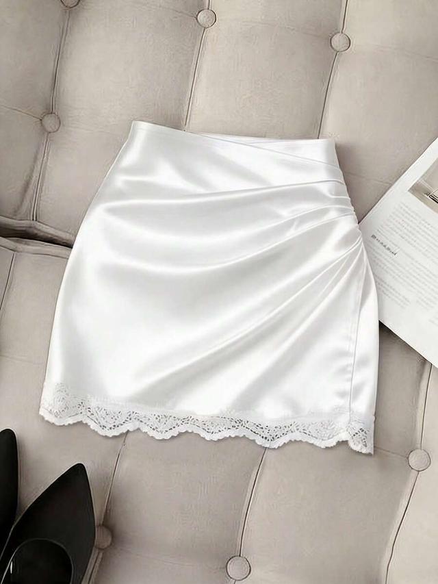 white satin a-line skirt with lace trim