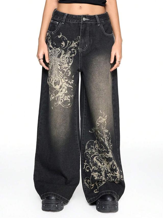black acid wash wide leg jeans with floral print