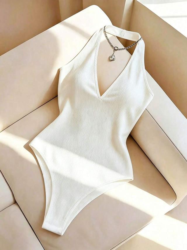 white ribbed halter neck slim fit bodysuit