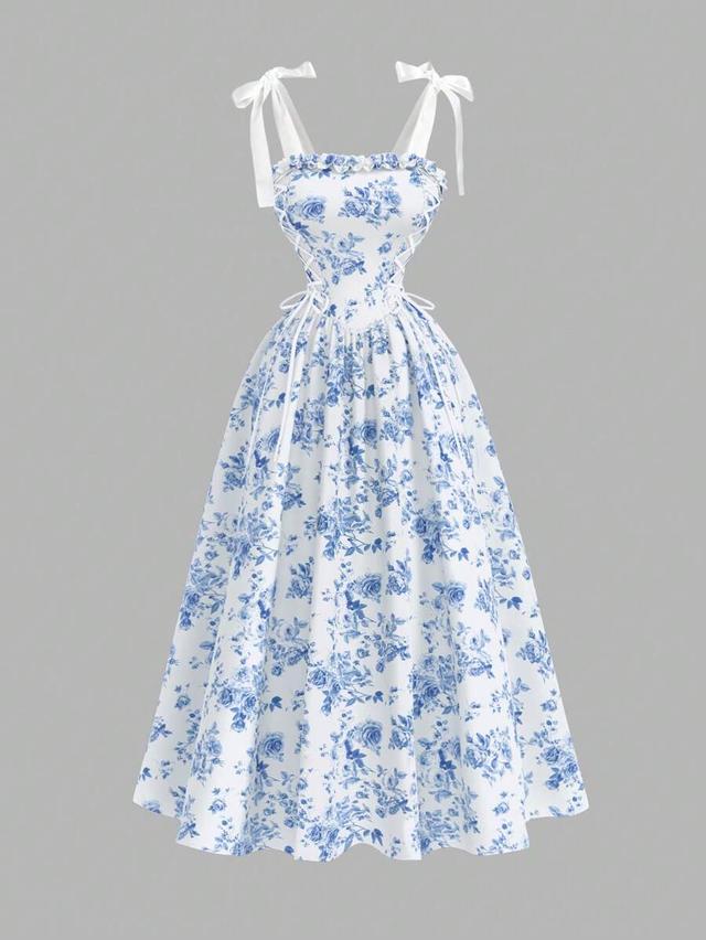 white and blue floral print tie-shoulder midi dress