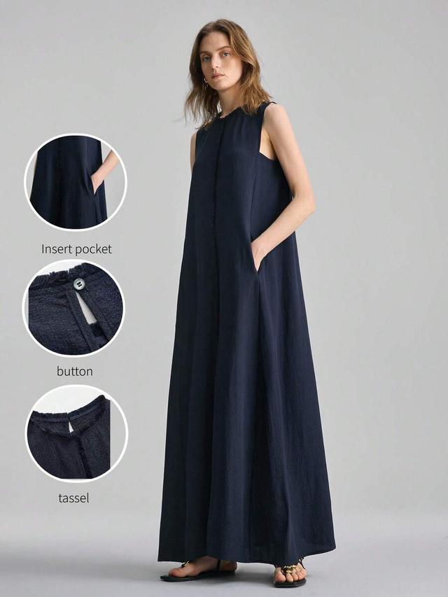 navy blue sleeveless textured minimalist long dress