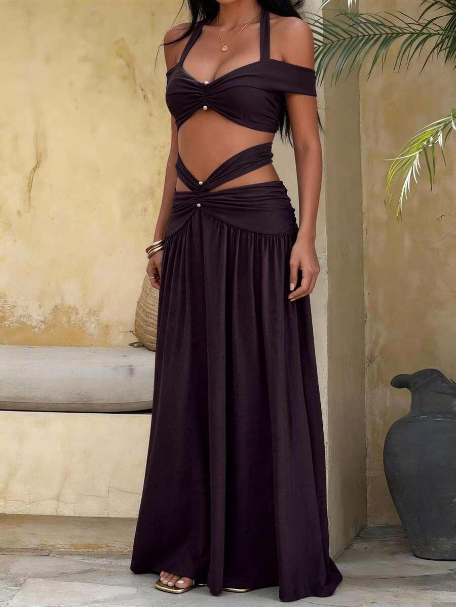 dark brown vellofy minimalist autumn deep coffee brown hollow-out set