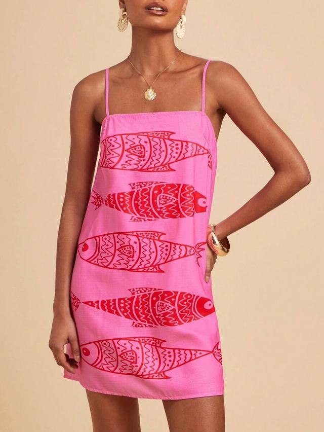 pink cotton shift dress with red fish print