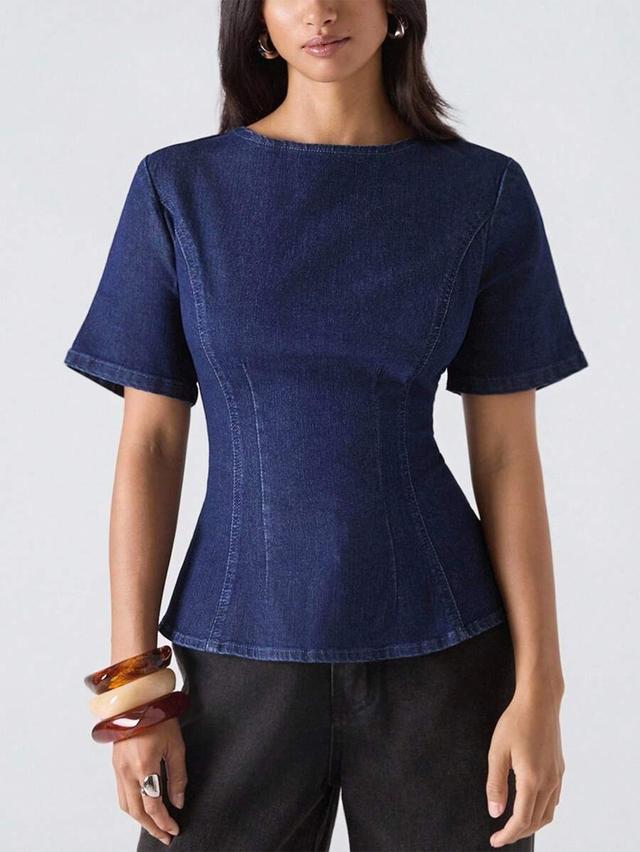 navy blue denim slim fit short sleeve top