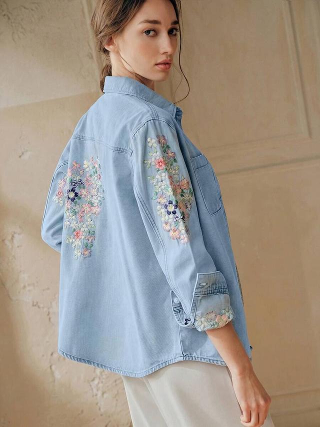 light blue denim shirt with floral embroidery