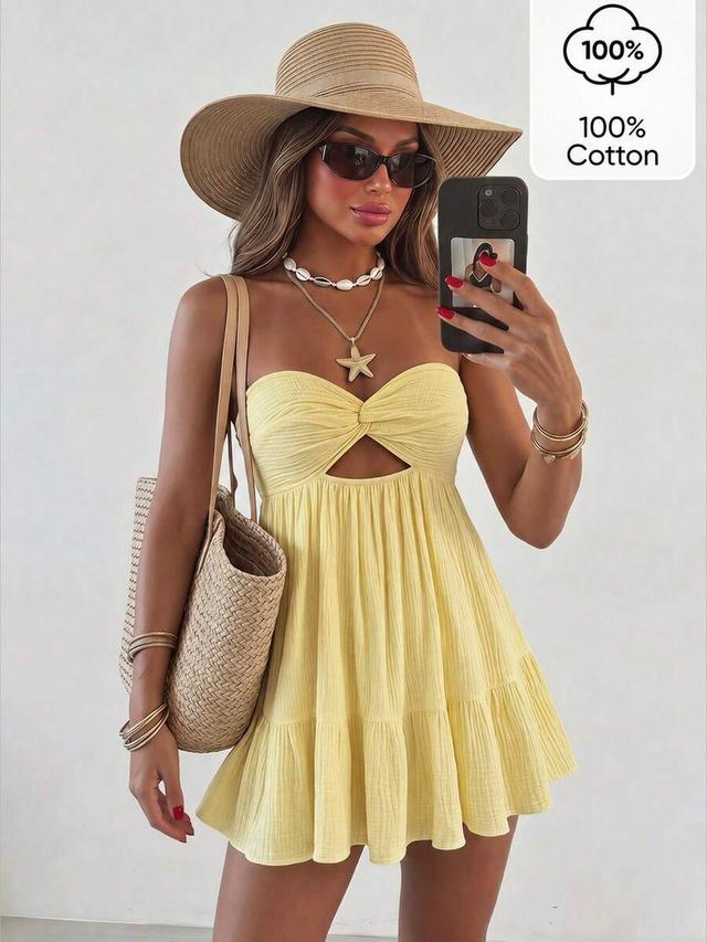 sunnyshic yellow strapless textured cotton vacation mini dress