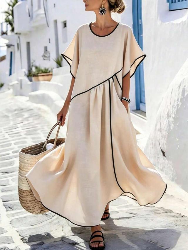 beige and black linen blend maxi kaftan dress