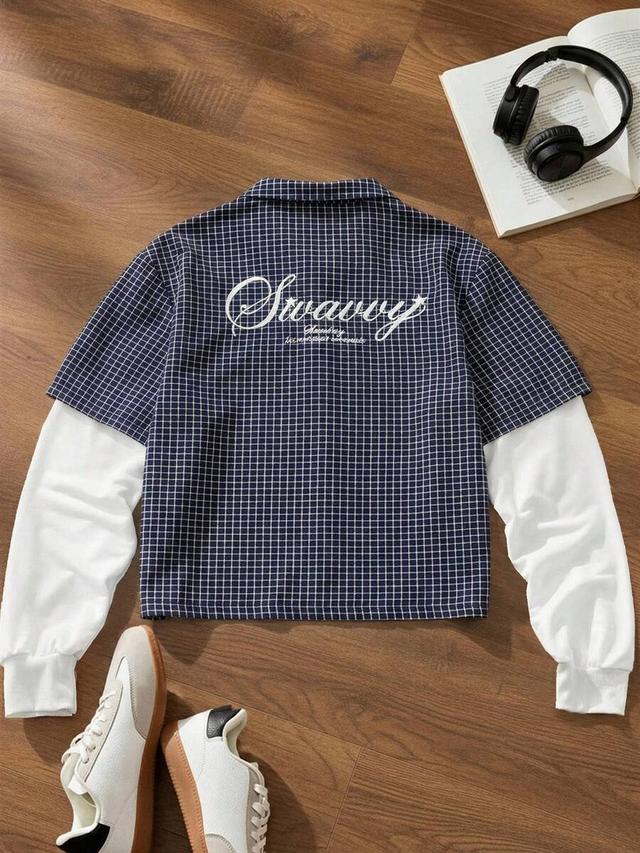 men's casual navy plaid 2-in-1 graphic shirt