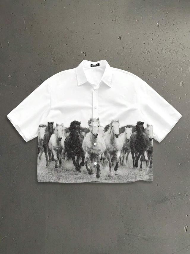 vintage american prairie horse print cropped loose shirt
