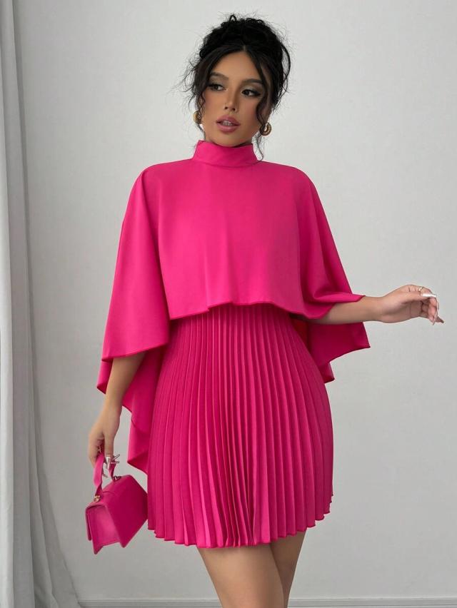 elenzga elegant pleated romantic high collar women's dress