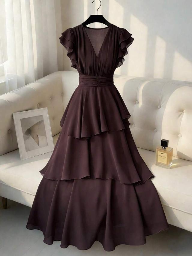 dark brown chiffon layered ruffle flutter sleeve dress