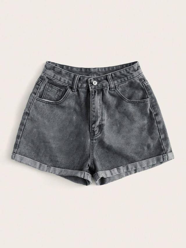casual grey washed denim rolled hem shorts