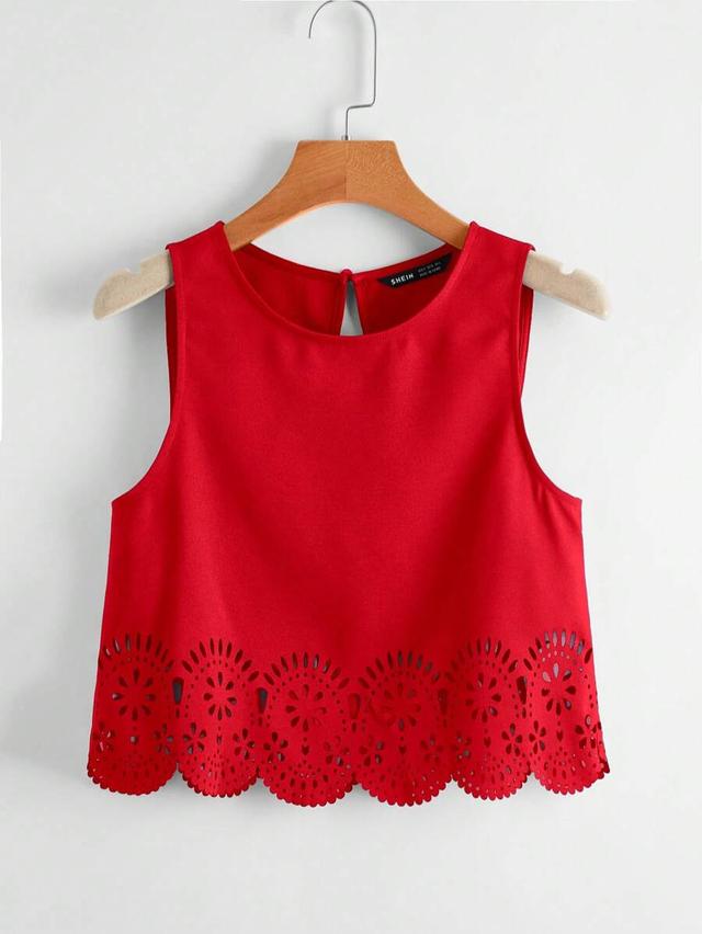 red laser cut scallop trim tank top