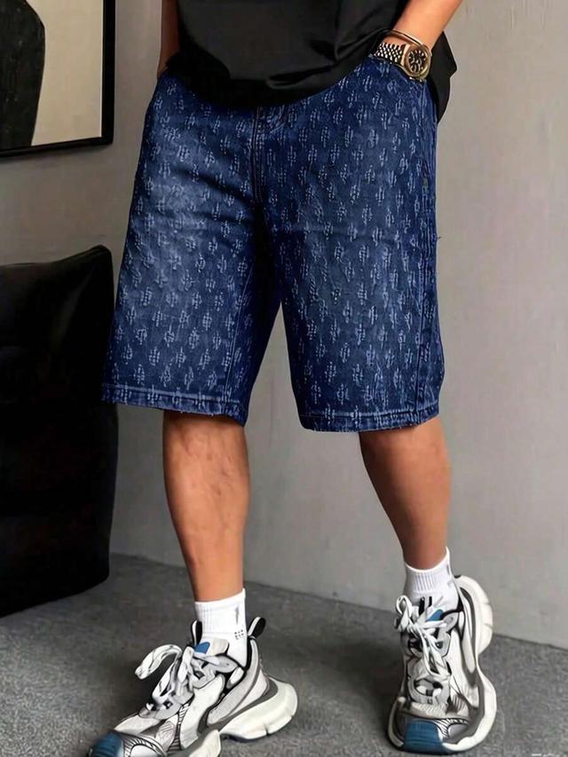 men's fashionable dark blue crochet denim shorts