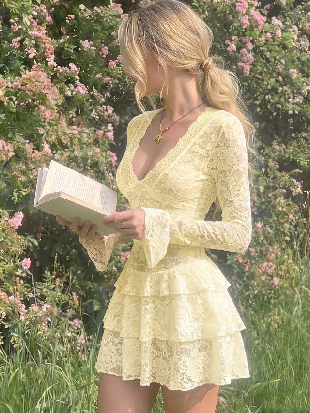 sexy yellow lace bodycon mini dress with ruffles