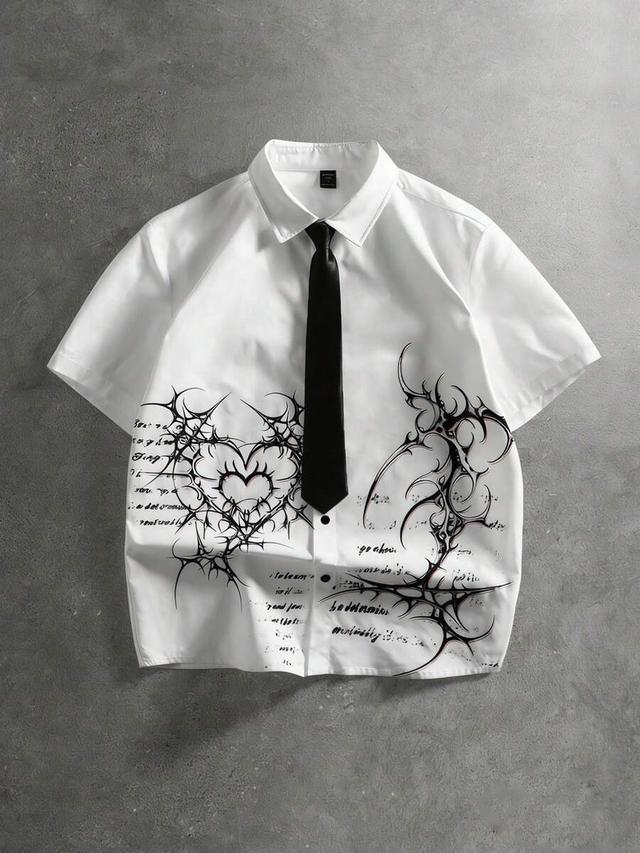 white short sleeve shirt with gothic heart print
