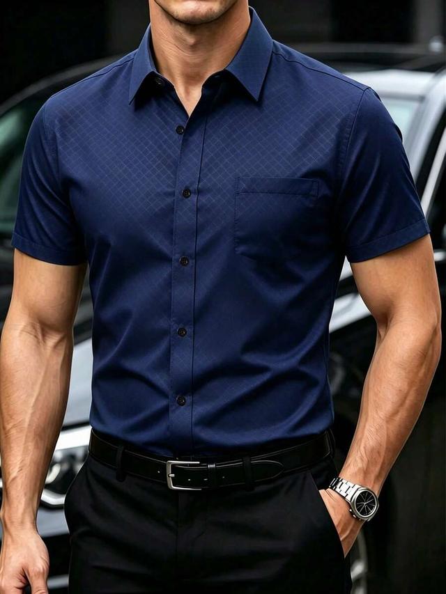 navy blue diamond textured short sleeve dress shirt