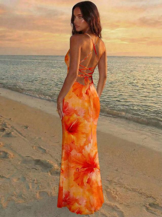 orange floral print lace-up back maxi dress
